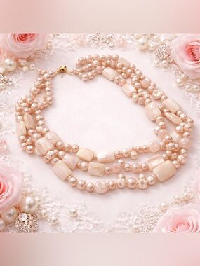 14K Gold Clasp Rose Quartz & Freshwater Pearl Multi-Strand Necklace 16”